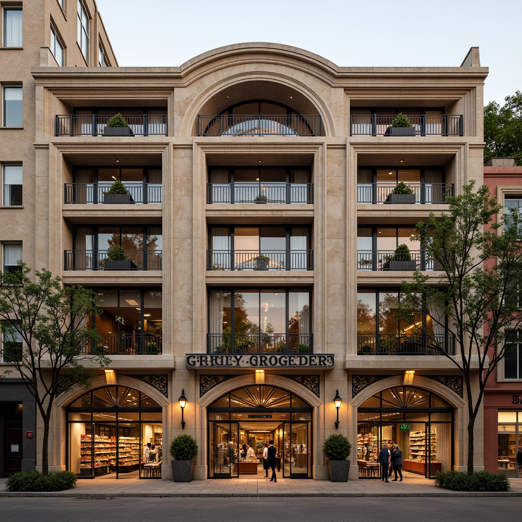 Prompt: Grandiose neoclassical grocery store facade, ornate columns, intricate arches, grand entranceways, symmetrical composition, balanced proportions, elegant stonework, rusticated base, decorative cornices, opulent balconies, refined ironwork, sophisticated signage, vibrant color scheme, warm golden lighting, shallow depth of field, 1/1 composition, realistic textures, ambient occlusion.