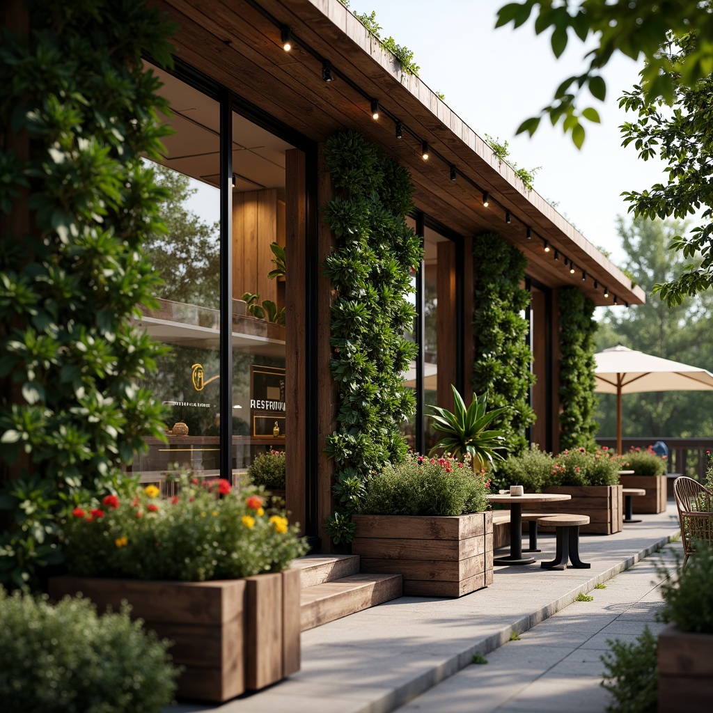 Prompt: Cozy coffee shop exterior, lush greenery walls, vibrant flower planters, reclaimed wood benches, rustic metal tables, warm string lights, natural stone pathways, modern minimalist architecture, large glass windows, sliding doors, outdoor seating areas, umbrella shading, soft warm lighting, shallow depth of field, 3/4 composition, panoramic view, realistic textures, ambient occlusion.