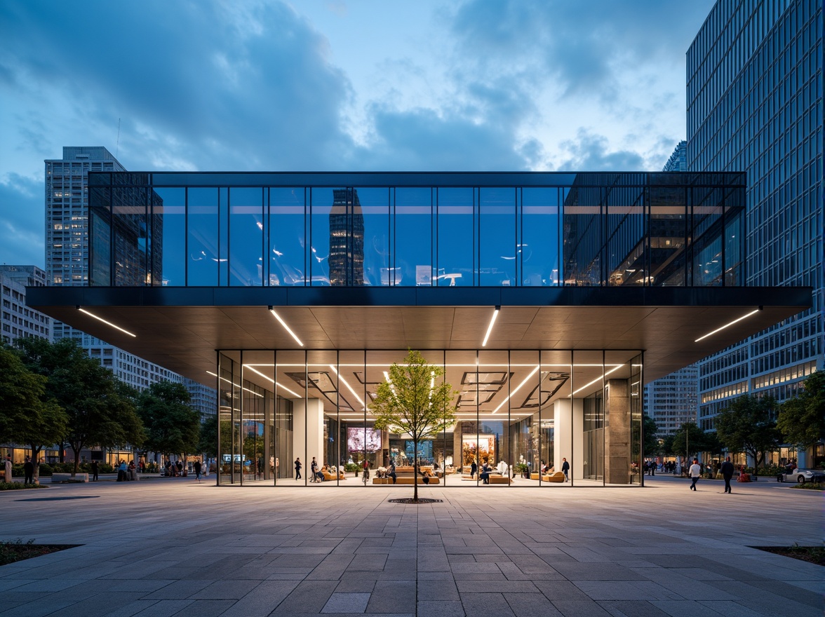 Prompt: Contemporary financial institution, sleek glass facades, steel beams, cantilevered roofs, open floor plans, minimalist interior design, polished marble floors, stainless steel accents, modern LED lighting, abstract geometric patterns, urban cityscape background, cloudy blue sky, dramatic shadows, 1/2 composition, low-angle shot, realistic reflections, subtle ambient occlusion.