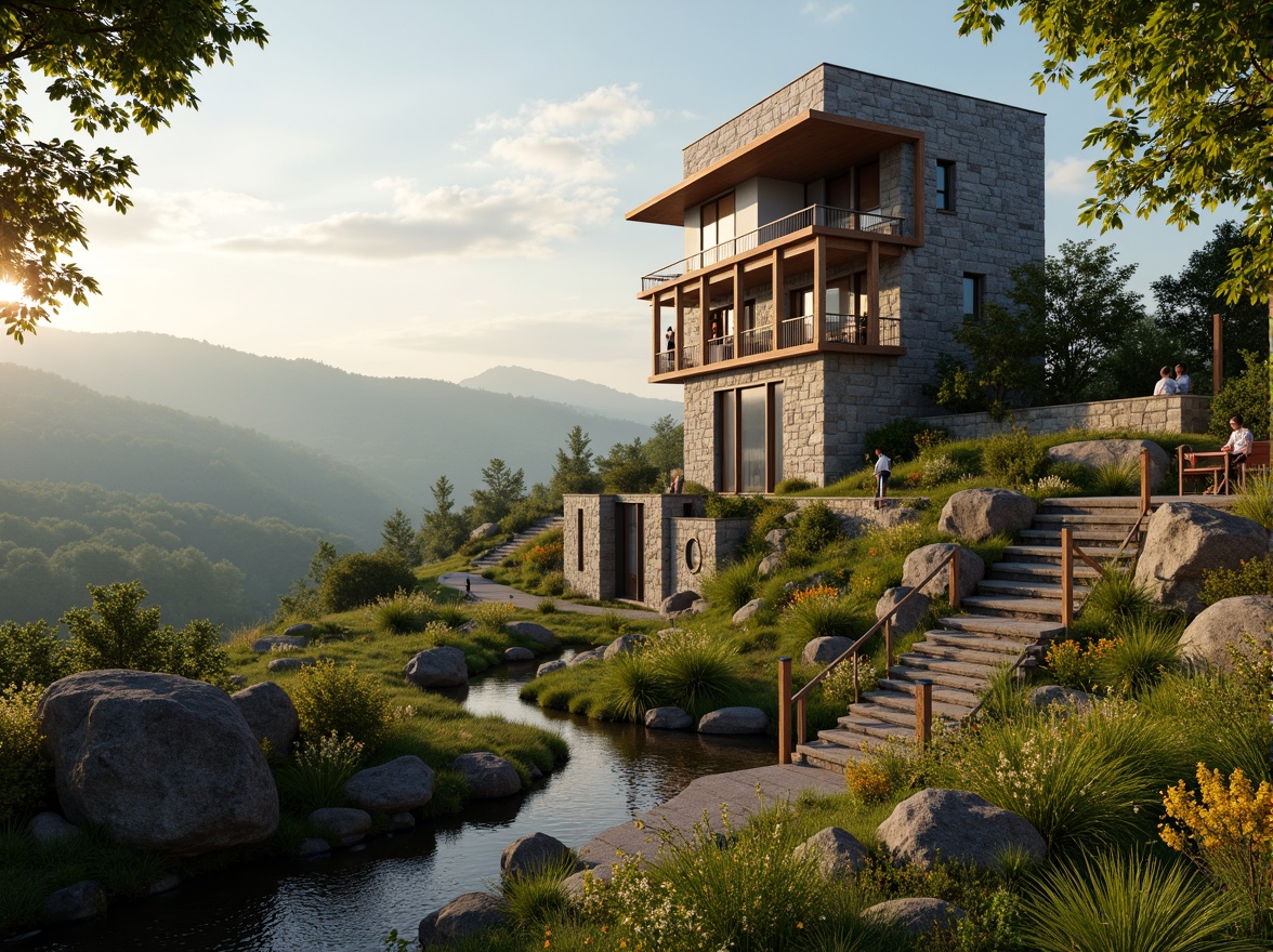 Prompt: Rustic watching tower, stone walls, wooden accents, curved staircase, scenic lookout points, binoculars, telescopes, verdant surroundings, rolling hills, meandering streams, misty mornings, warm sunlight, golden hour lighting, shallow depth of field, 1/2 composition, panoramic view, realistic textures, ambient occlusion, serene atmosphere, natural stone pathways, lush greenery, wildflowers, birdhouses, wooden benches, outdoor furniture.