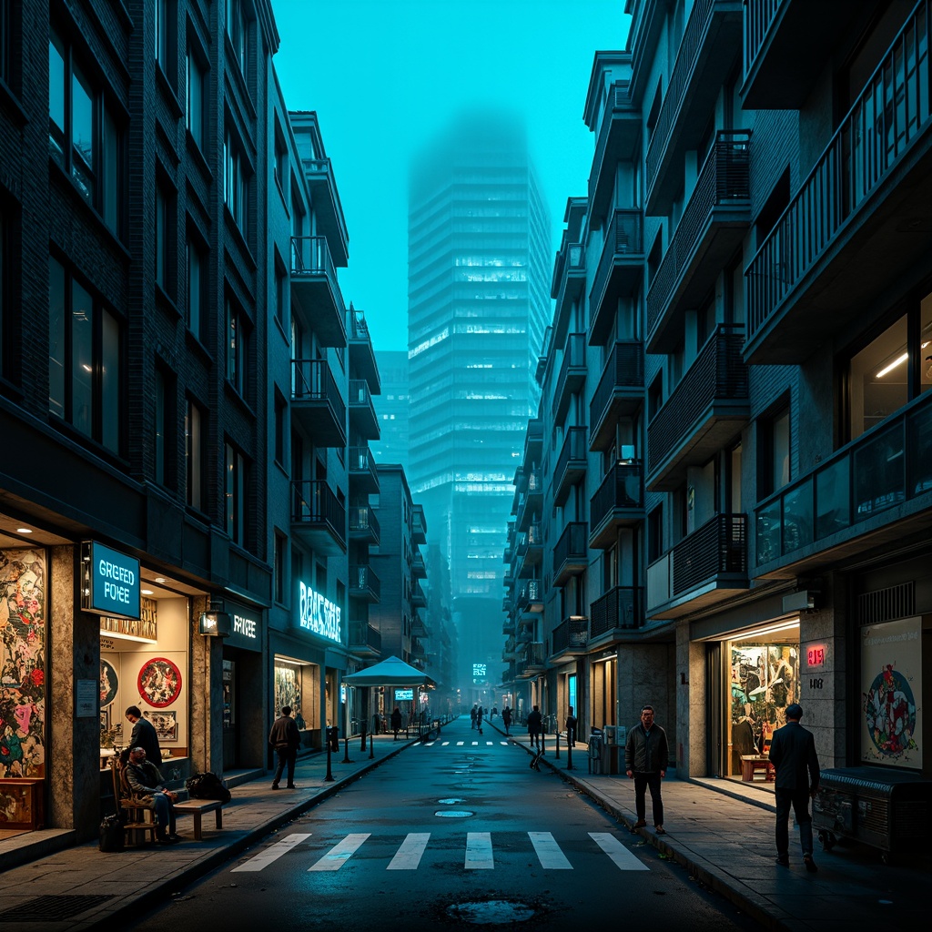 Prompt: Mysterious dark cyan accents, neon-lit cityscape, futuristic skyscrapers, sleek metallic surfaces, glowing blue lines, atmospheric fog, vibrant street art, eclectic urban culture, edgy industrial textures, abandoned alleys, cyberpunk ambiance, low-key lighting, 1/1 composition, cinematic mood, high-contrast colors, dramatic shadows.