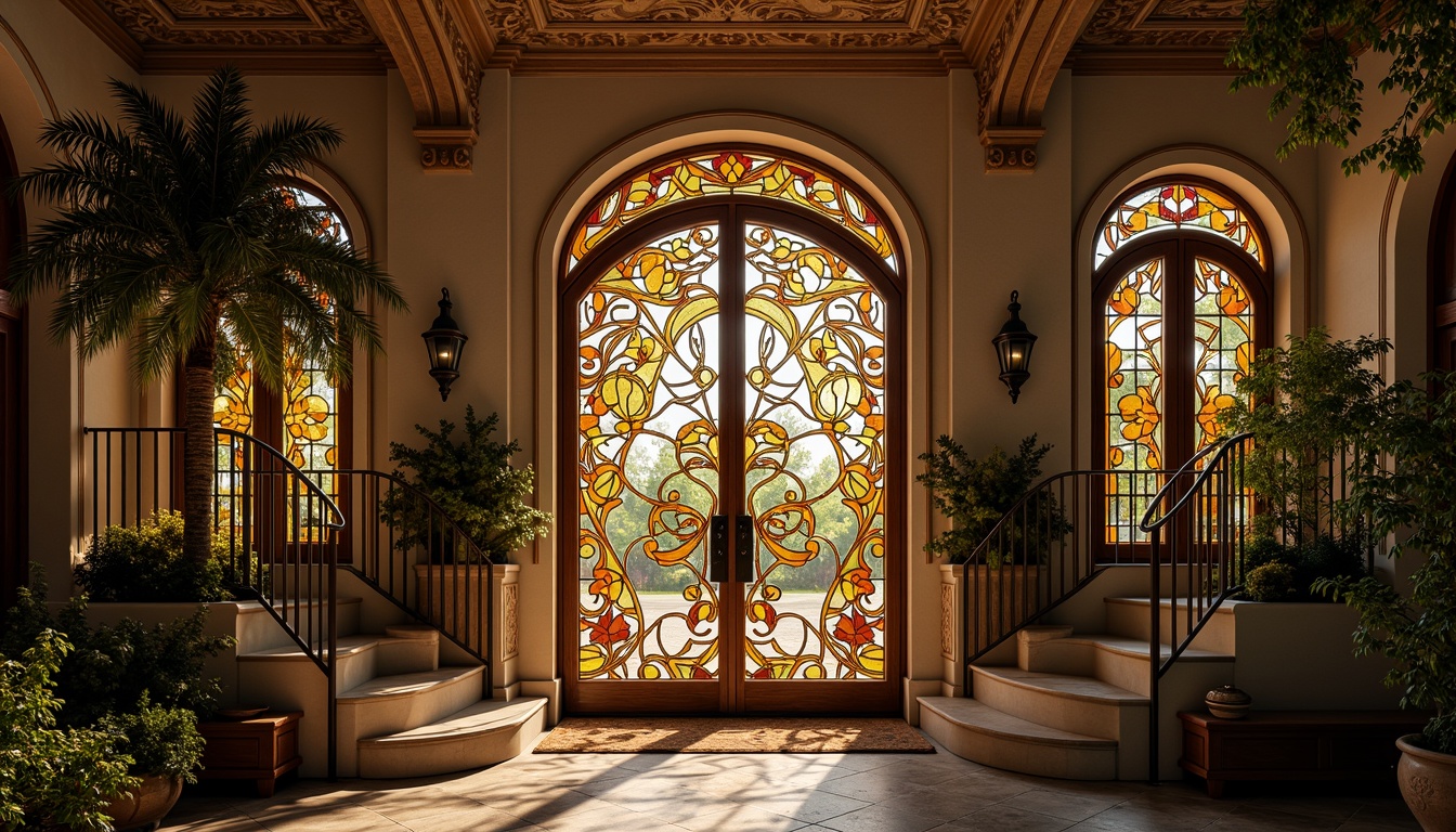 Prompt: Ornate entrance gates, flowing floral patterns, sinuous lines, organic shapes, whiplash curves, botanical motifs, stained glass windows, intricate ironwork, ornamental balconies, majestic archways, grand staircases, luxurious materials, richly ornamented facades, soft golden lighting, shallow depth of field, 2/3 composition, atmospheric perspective, high dynamic range, vibrant earthy tones.