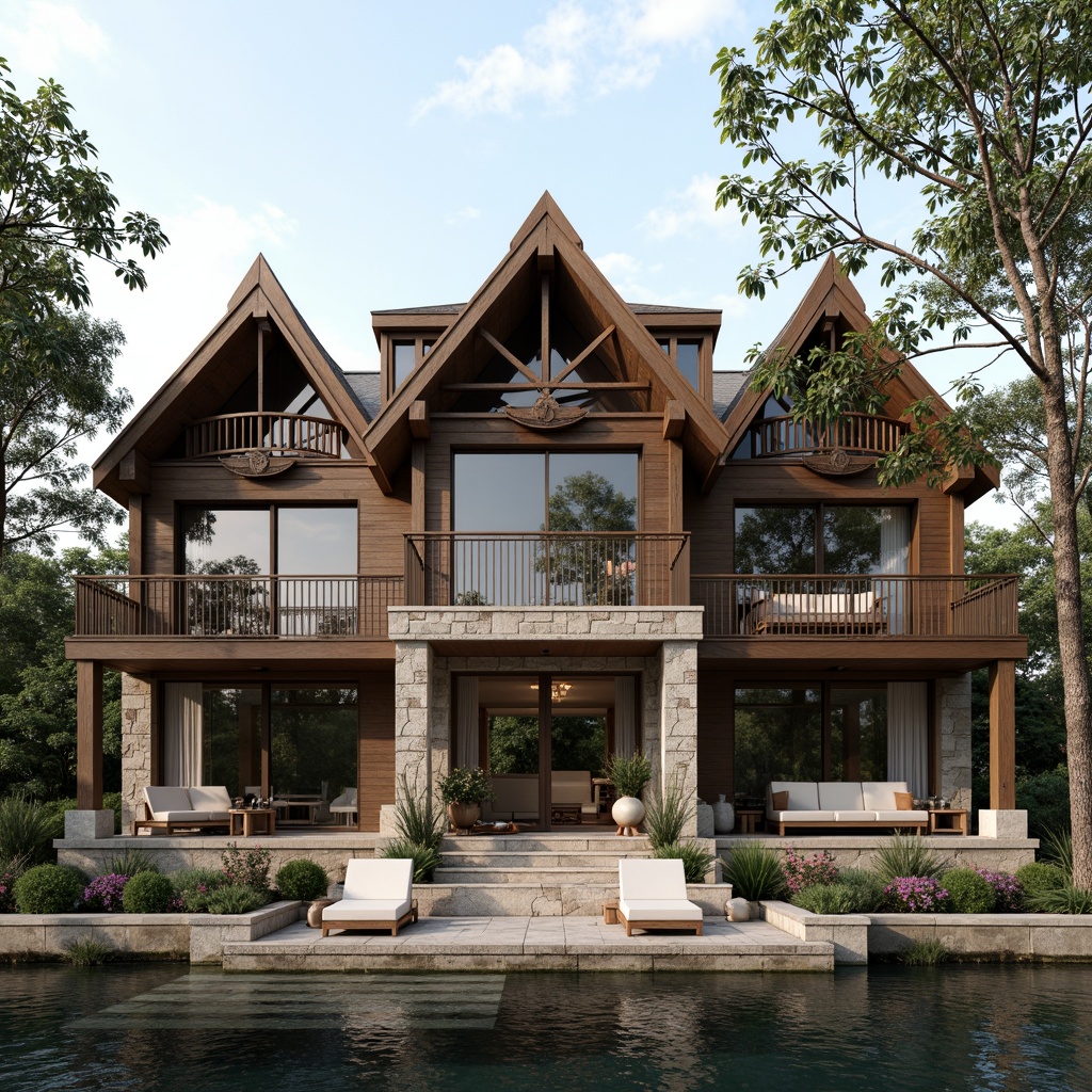 Prompt: Lakefront villa, elegant facade design, rustic stone cladding, wooden accents, large windows, sliding glass doors, balconies with ornate railings, nautical-themed decorations, sailboat-inspired rooflines, gentle lake breeze, soft natural light, 1/1 composition, shallow depth of field, warm color palette, earthy tones, natural textures, ambient occlusion.