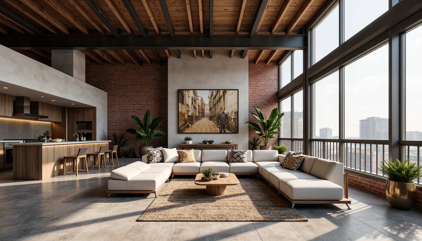 Prompt: Modern apartment interior, experimental architecture design, industrial chic aesthetic, exposed brick walls, polished concrete floors, reclaimed wood accents, minimalist decor, sleek metal beams, floor-to-ceiling windows, natural light pouring in, cozy reading nooks, plush area rugs, comfortable sectional sofas, geometric patterned throw pillows, warm ambient lighting, soft shadows, 1/1 composition, shallow depth of field, realistic textures.