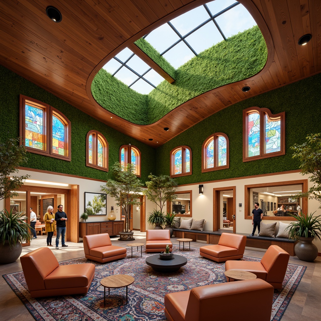 Prompt: Vibrant community center, warm earthy tones, natural wood accents, colorful mosaics, stained glass windows, eclectic furniture arrangements, lush green walls, modern fusion architecture, curved lines, dynamic shapes, cultural patterned rugs, cozy seating areas, soft diffused lighting, shallow depth of field, 1/1 composition, realistic textures, ambient occlusion.