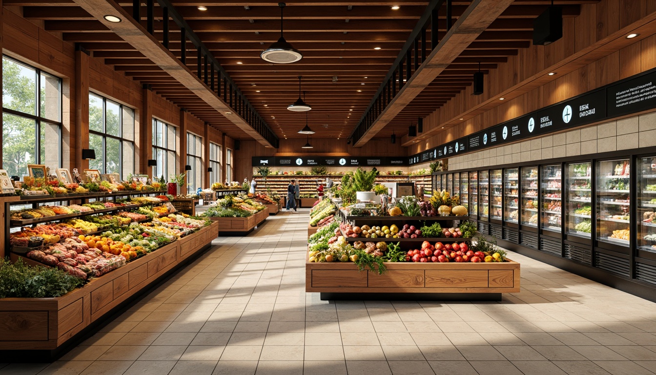 Prompt: Vibrant supermarket interior, warm earthy tones, rich wood accents, fresh produce displays, colorful fruit and vegetable stands, modern metal shelves, sleek glass refrigerators, soft LED lighting, shallow depth of field, 1/1 composition, realistic textures, ambient occlusion, natural stone flooring, ceramic tile walls, industrial chic decor, reclaimed wood crates, woven baskets, earthy scent, sunny day, warm atmosphere.