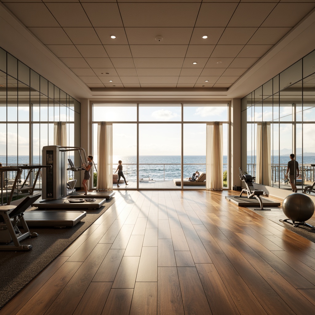 Prompt: Seaside gymnasium, ocean views, large windows, natural light pouring in, minimalist interior design, polished wooden floors, mirrored walls, modern fitness equipment, free weights, exercise machines, yoga mats, athletic tracks, high ceilings, open spaces, airy atmosphere, soft warm lighting, shallow depth of field, 3/4 composition, panoramic view, realistic textures, ambient occlusion.