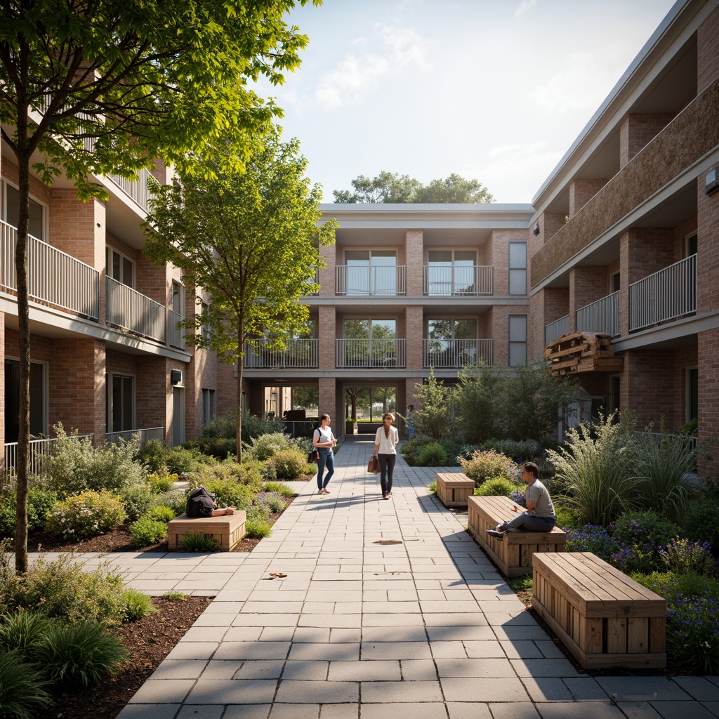 Prompt: Vibrant campus courtyard, blended modern-traditional architecture, rusticated stone walls, polished marble floors, wooden accents, steel beams, glass roofs, lush greenery, blooming flowers, natural light, soft warm atmosphere, misty morning, shallow depth of field, 3/4 composition, symmetrical framing, realistic textures, ambient occlusion, worn brick pathways, distressed wood benches, metallic railings, innovative lighting systems.