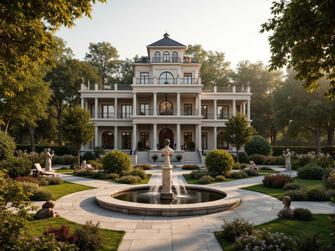 Prompt: Grand villa, Baroque architecture, ornate facades, luxurious gardens, lush greenery, vibrant flowers, winding pathways, sparkling fountains, tranquil ponds, majestic statues, intricate stone carvings, rustic outdoor furniture, warm golden lighting, soft focus, shallow depth of field, 2/3 composition, symmetrical framing, natural textures, ambient occlusion.