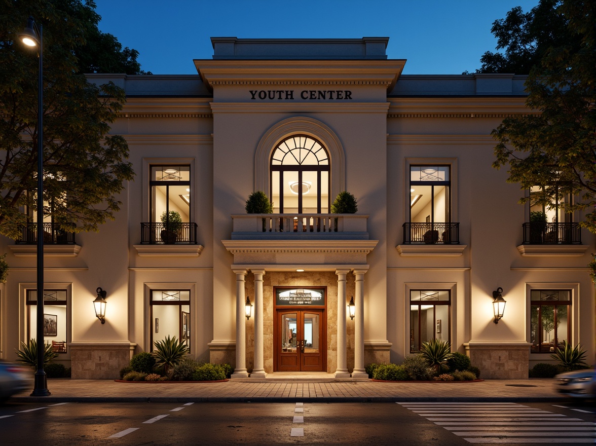 Prompt: Youth center facade, neoclassical architecture, grand entrance, ornate columns, symmetrical composition, rusticated base, arched windows, classical pediments, ornamental sculptures, stone carvings, pilasters, decorative moldings, subtle color palette, earthy tones, cream-colored walls, rich wood accents, elegant signage, lantern-style lighting, dramatic nighttime illumination, shallow depth of field, 2/3 composition, realistic textures, ambient occlusion.