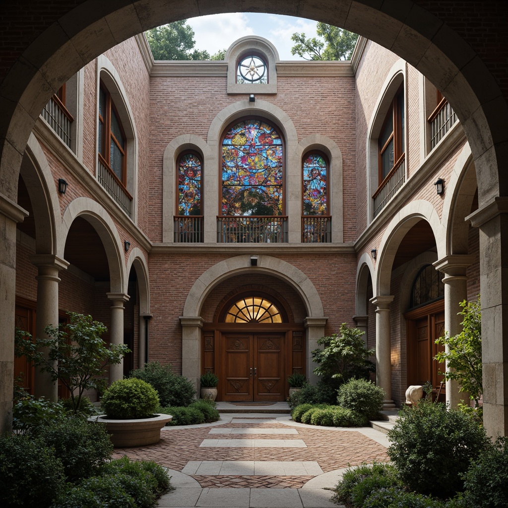 Prompt: Intricate stone carvings, ornate wooden doors, stained glass windows, mystical religious symbols, rustic brick walls, vibrant tile mosaics, grand arched entrances, eclectic mix of Romanesque and Gothic styles, serene courtyard gardens, soft warm lighting, atmospheric fog, 1/1 composition, symmetrical framing, detailed textures, ambient occlusion.