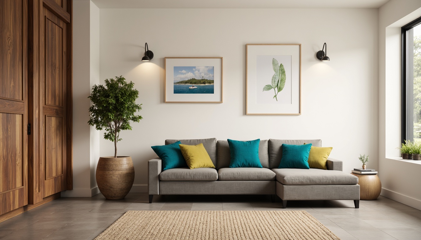 Prompt: Modern apartment interior, soft cream walls, warm beige furniture, rich walnut wood accents, plush gray velvet sofa, vibrant turquoise decorative pillows, natural fiber rugs, industrial metal lighting fixtures, minimalist decor, calm atmosphere, softbox lighting, 1/1 composition, shallow depth of field, realistic textures.