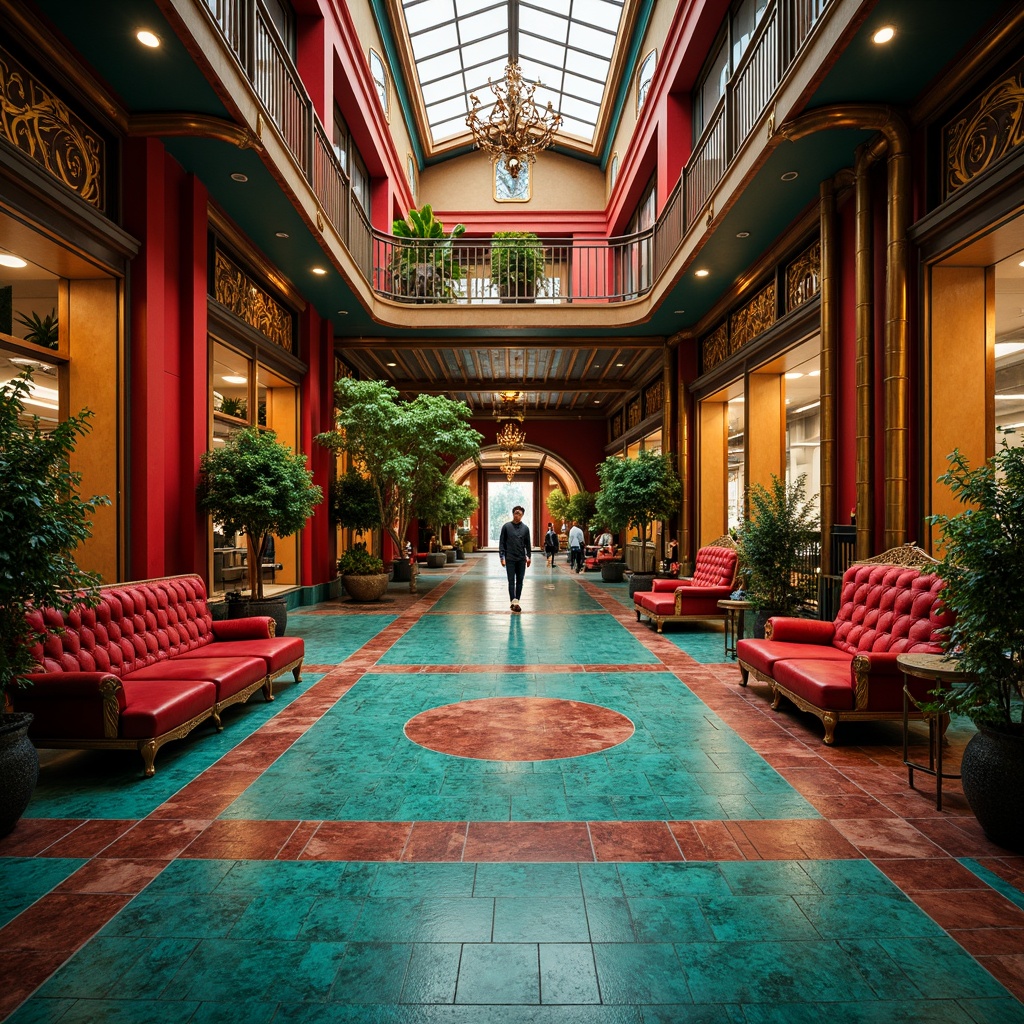 Prompt: Vibrant shopping center, eclectic style architecture, rich jewel-toned walls, ornate golden accents, bold red columns, turquoise mosaic floors, lavish chandeliers, plush velvet furniture, intricate wooden carvings, exotic potted plants, warm bronze lighting, soft misty atmosphere, 1/1 composition, shallow depth of field, realistic textures, ambient occlusion.