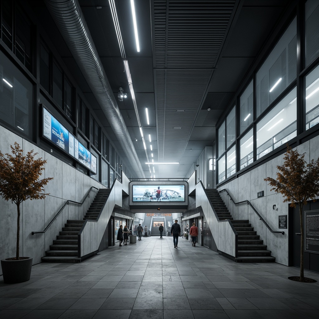 Prompt: Modern metro station, sleek lines, minimalist architecture, industrial materials, exposed ductwork, concrete floors, steel beams, urban atmosphere, bustling crowds, LED signage, digital displays, efficient lighting systems, flowing staircases, open spaces, geometric patterns, monochromatic color scheme, subtle textures, atmospheric misting, soft ambient lighting, 1/1 composition, shallow depth of field, realistic reflections.