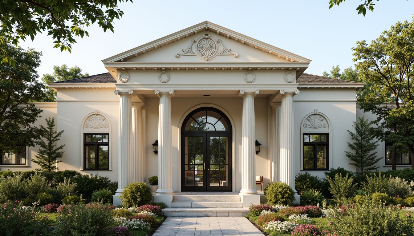 Prompt: Elegant clinic facade, grand entrance, ornate columns, Ionic capitals, fluted shafts, carved stone bases, symmetrical composition, harmonious proportions, cream-colored walls, dark green roofs, lush surrounding gardens, vibrant flowers, tranquil atmosphere, soft natural lighting, shallow depth of field, 1/2 composition, realistic textures, ambient occlusion.