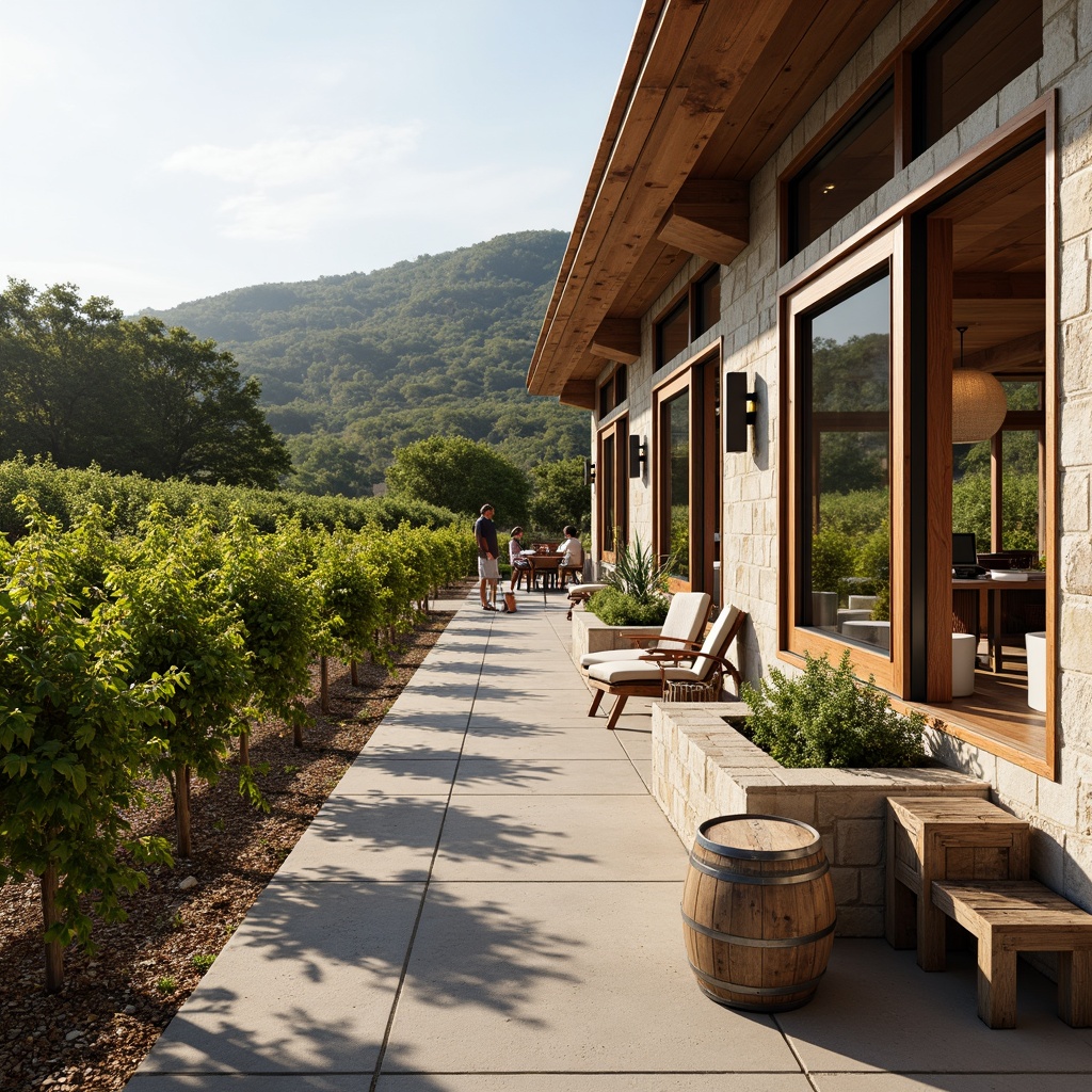 Prompt: Vineyard landscape, rolling hills, lush green vines, rustic stone walls, modern minimalist winery, clean lines, simple shapes, natural materials, reclaimed wood accents, steel beams, large windows, sliding glass doors, outdoor seating areas, wooden benches, wine barrels, vintage farming tools, warm sunny day, soft diffused lighting, shallow depth of field, 1/1 composition, panoramic view, realistic textures, ambient occlusion.