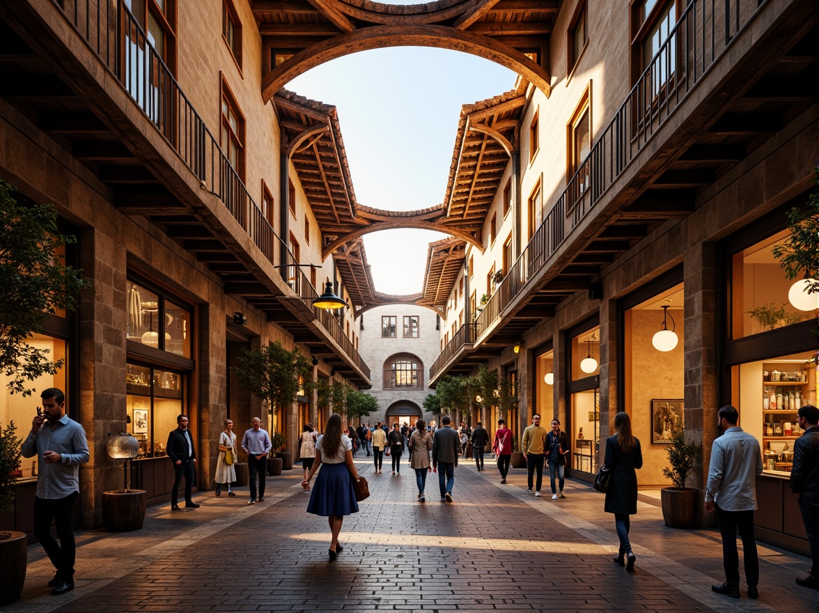 Prompt: Ornate rooflines, rustic terracotta tiles, grandiose market halls, renaissance-inspired architecture, ornamental stonework, vaulted ceilings, large wooden beams, vintage lanterns, intricate ironwork, aged brick facades, cobblestone streets, lively street performers, bustling crowd scenes, warm golden lighting, dramatic shadows, 1/1 composition, symmetrical framing, realistic textures, ambient occlusion.