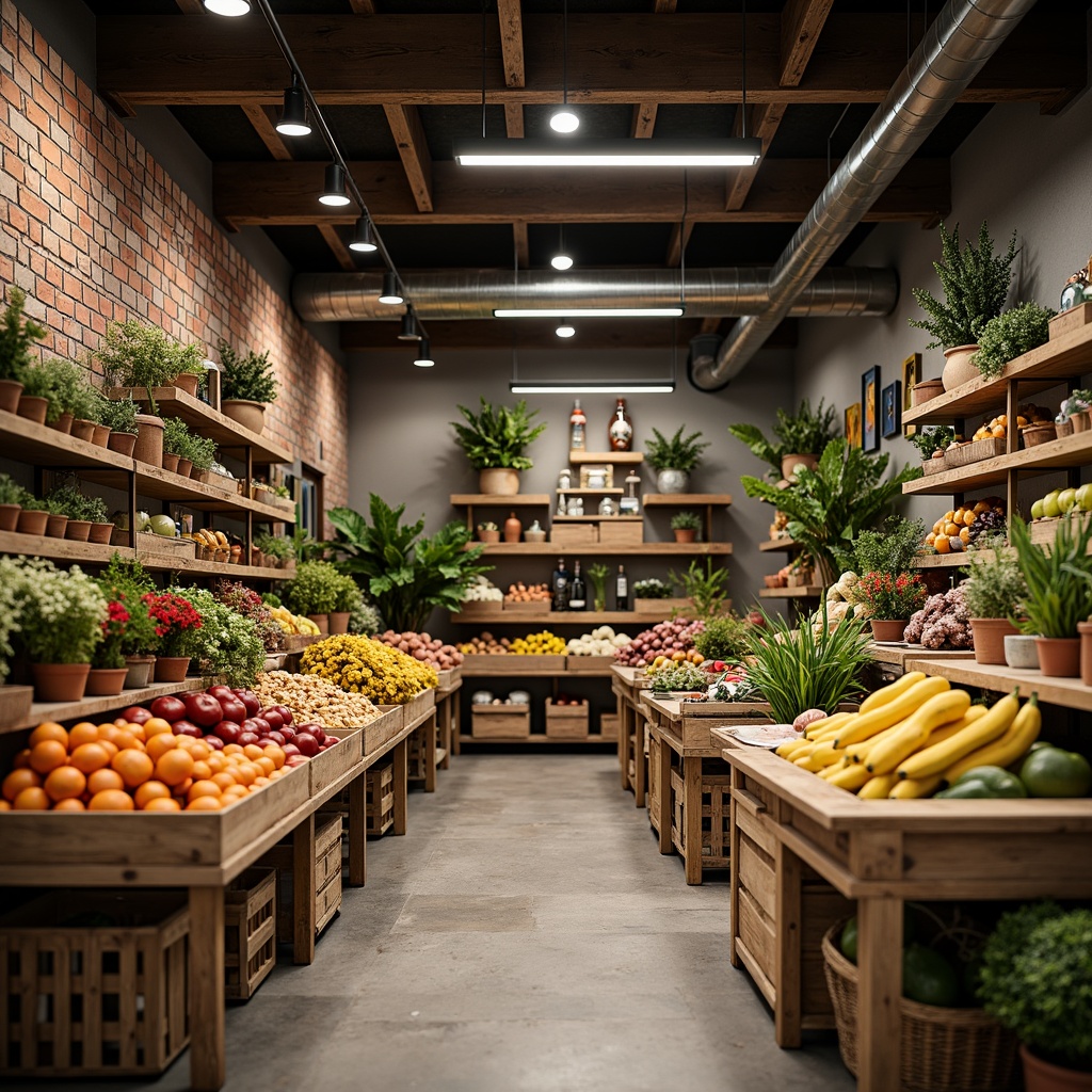 Prompt: Vibrant produce stands, wooden crates, fresh flower arrangements, rustic brick walls, industrial metal shelves, polished concrete floors, natural stone countertops, earthy terracotta planters, woven wicker baskets, distressed wood accents, reclaimed lumber decor, soft warm lighting, shallow depth of field, 3/4 composition, panoramic view, realistic textures, ambient occlusion.