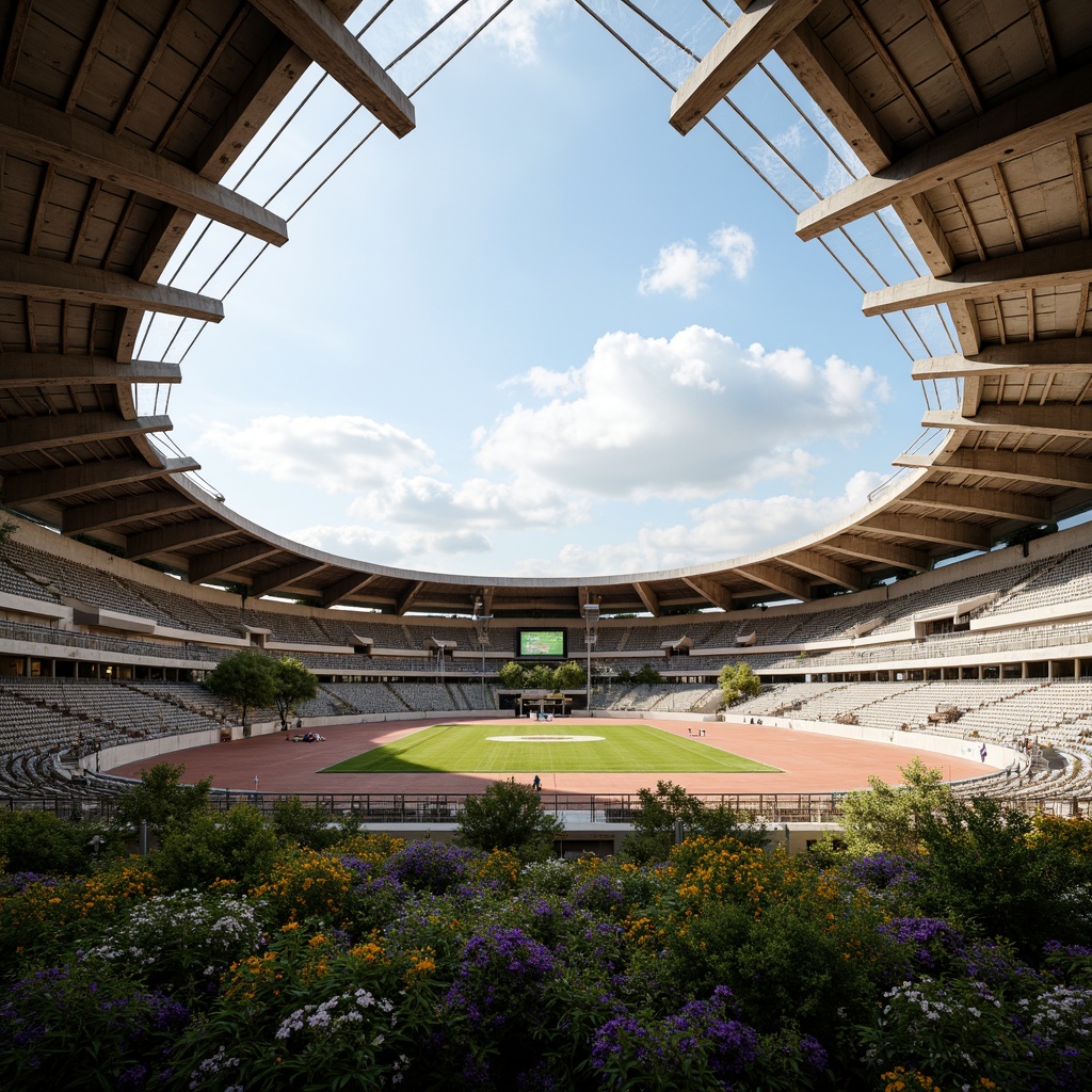 Prompt: Open-air stadium, natural ventilation system, curved roof structure, large overhangs, clerestory windows, high ceilings, concrete materials, exposed ductwork, sleek metal beams, rustic wood accents, lush greenery, vibrant flowers, sports field, athletic track, tiered seating, grandstand architecture, sunny day, soft warm lighting, shallow depth of field, 3/4 composition, panoramic view, realistic textures, ambient occlusion.