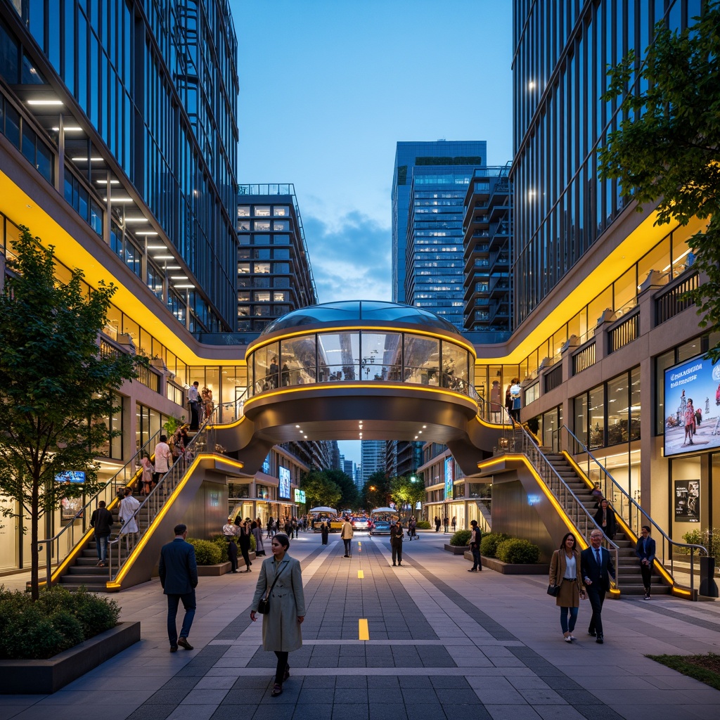 Prompt: Vibrant tram station, modern architecture, curved lines, metallic surfaces, LED lighting, neon signs, urban landscape, bustling city streets, rush hour atmosphere, concrete floors, steel beams, glass roofs, transparent elevators, dynamic escalators, bold color scheme, bright yellow accents, deep blue undertones, sleek silver details, warm white lighting, soft focus, shallow depth of field, 1/1 composition, realistic textures, ambient occlusion.