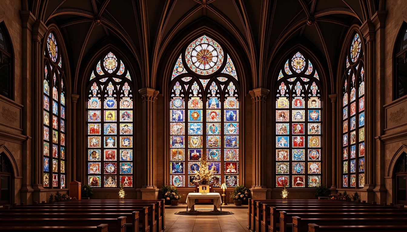 Prompt: Vibrant stained glass windows, kaleidoscope colors, intricate designs, religious symbols, Gothic architecture, grand cathedral ceilings, ornate details, dramatic lighting effects, warm golden tones, subtle color gradations, textured glass surfaces, leadlight constructions, majestic altar backgrounds, heavenly ambiance, soft diffused light, 1/1 composition, symmetrical framing, realistic reflections.