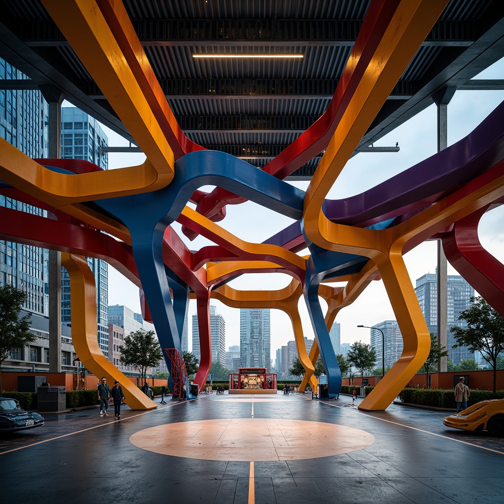 Prompt: Vibrant gymnasium, expressive structural forms, dynamic curvatures, angular lines, industrial materials, exposed ductwork, metallic beams, polished concrete floors, urban cityscape, overcast skies, moody warm lighting, shallow depth of field, 1/1 composition, dramatic shadows, intense color palette, abstract patterns, futuristic ambiance, athletic equipment integration, functional layout design, open spaces for movement, suspended ceilings, kinetic sculptures, abstract geometric shapes.