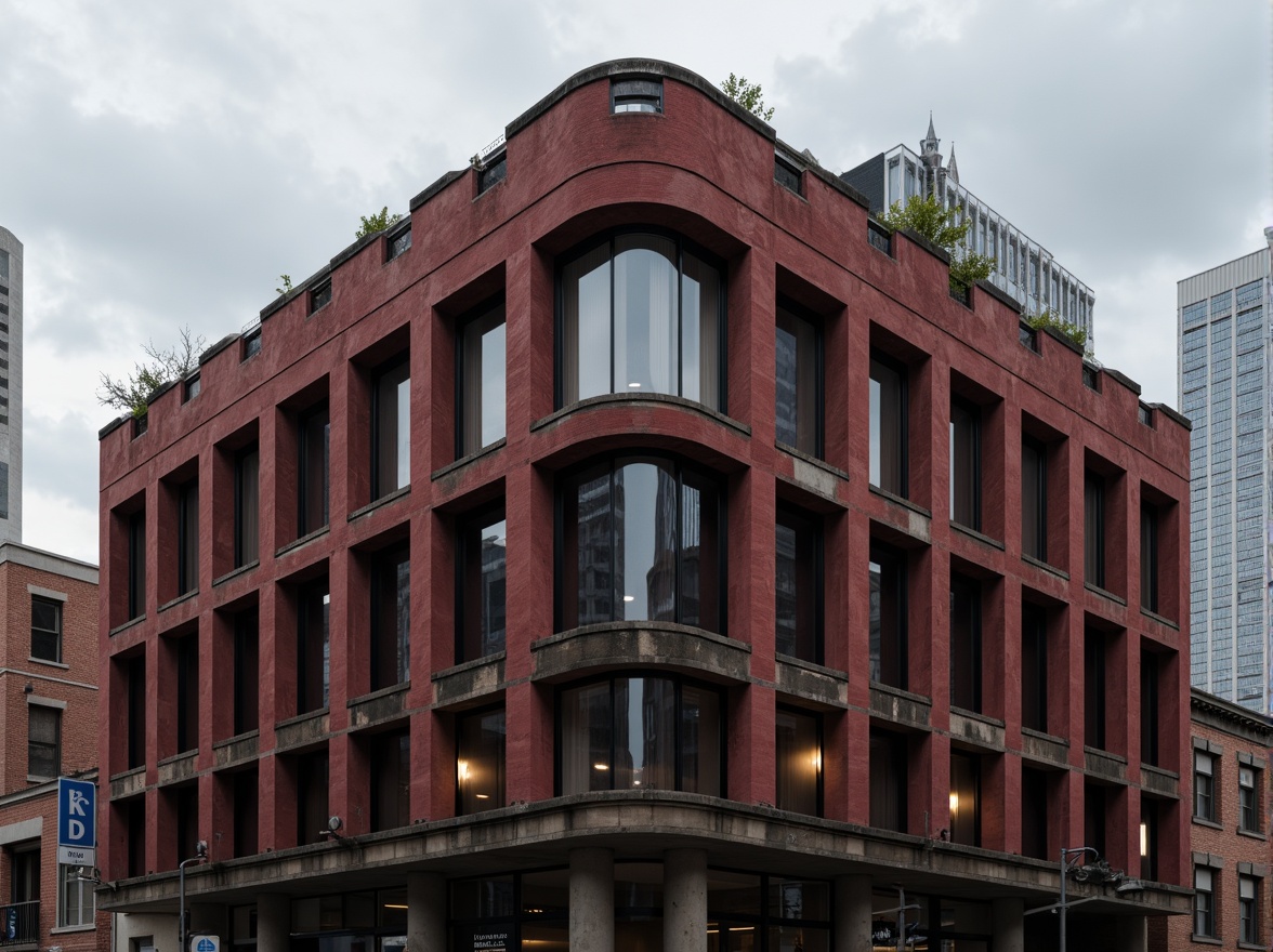 Prompt: Rugged brutalist building, maroon concrete walls, industrial textures, bold geometric forms, fortress-like structures, raw steel beams, minimalist windows, urban cityscape, overcast sky, dramatic shadows, high-contrast lighting, cinematic atmosphere, 1-point perspective, symmetrical composition, deep depth of field, realistic render.