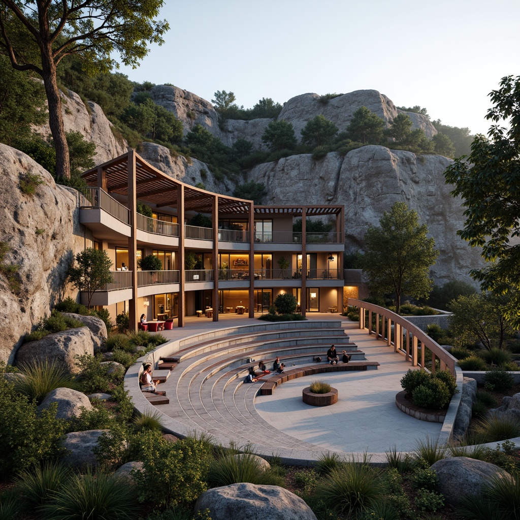 Prompt: Rustic amphitheater, weathered stone walls, natural rock formations, lush greenery, wooden benches, curved seating areas, fusion architecture, modern materials blend, glass and steel accents, cantilevered roofs, open-air performance spaces, warm evening lighting, soft shadows, 1/2 composition, shallow depth of field, realistic textures, ambient occlusion.