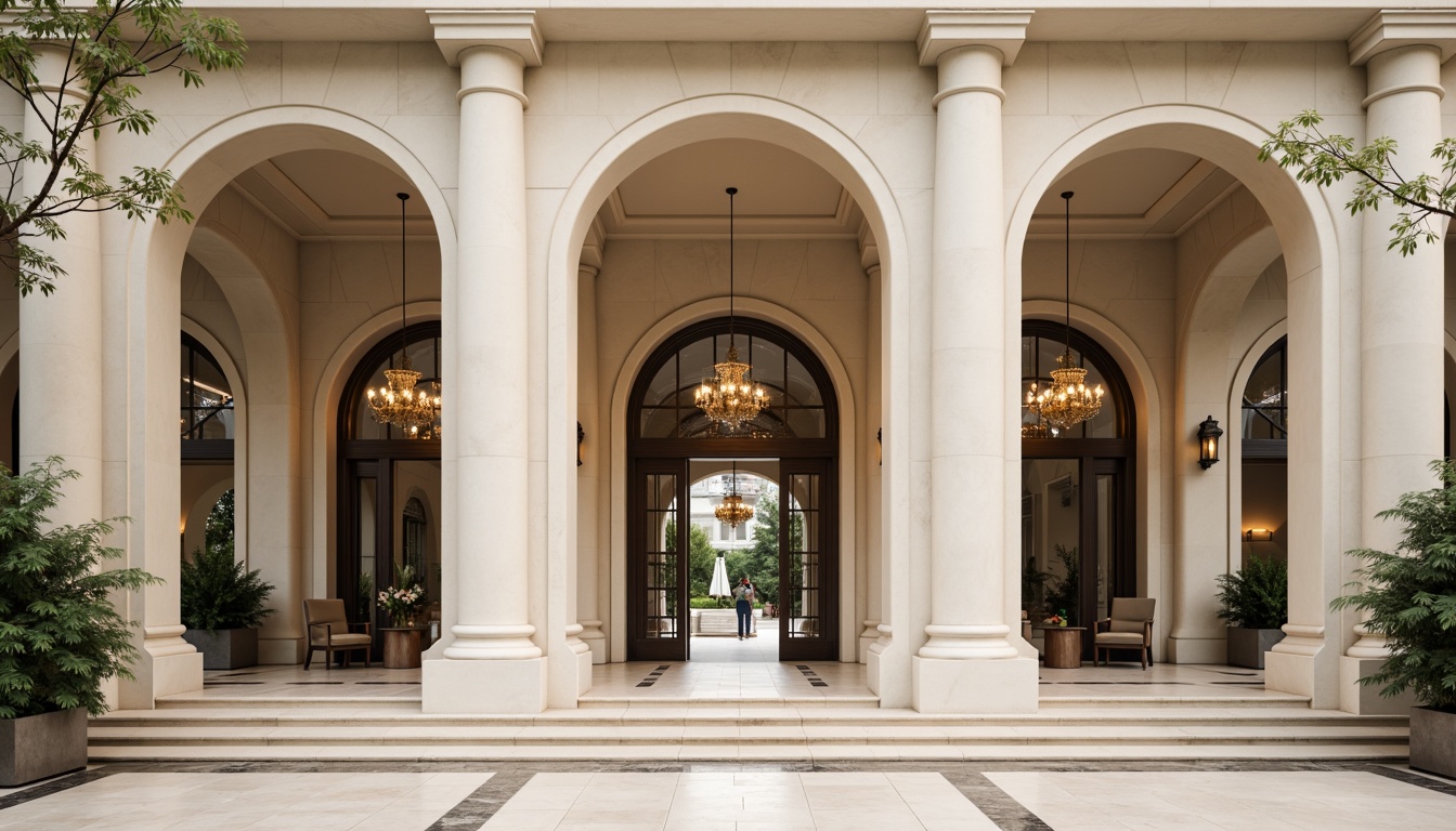 Prompt: Grand clinic entrance, Doric columns, symmetrical fa\u00e7ade, elegant archways, refined stonework, cream-colored walls, ornate metal doors, polished marble floors, sophisticated chandeliers, harmonious proportions, bilateral symmetry, perfect reflections, subtle gradient lighting, soft focus, shallow depth of field, 1/1 composition, realistic textures, ambient occlusion.