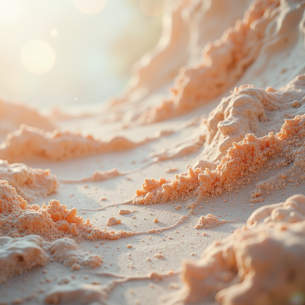 Prompt: Richly textured abstract artwork, harmonious color palette, pastel hues, soft peach tones, creamy whites, muted blues, earthy browns, golden accents, iridescent sheen, subtle gradient effects, dreamy atmosphere, ethereal lighting, shallow depth of field, 1/1 composition, panoramic view, realistic textures, ambient occlusion.