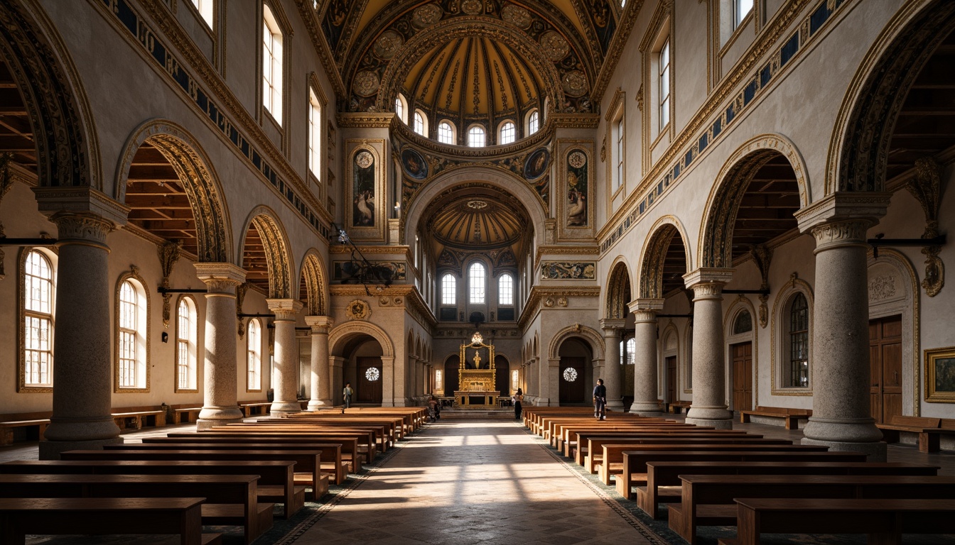 Prompt: Majestic Byzantine church, grand arches, ornate carvings, golden mosaics, intricate stone patterns, domed roofs, tall ceilings, solemn atmosphere, soft warm lighting, subtle shadows, 1/2 composition, realistic textures, ambient occlusion.