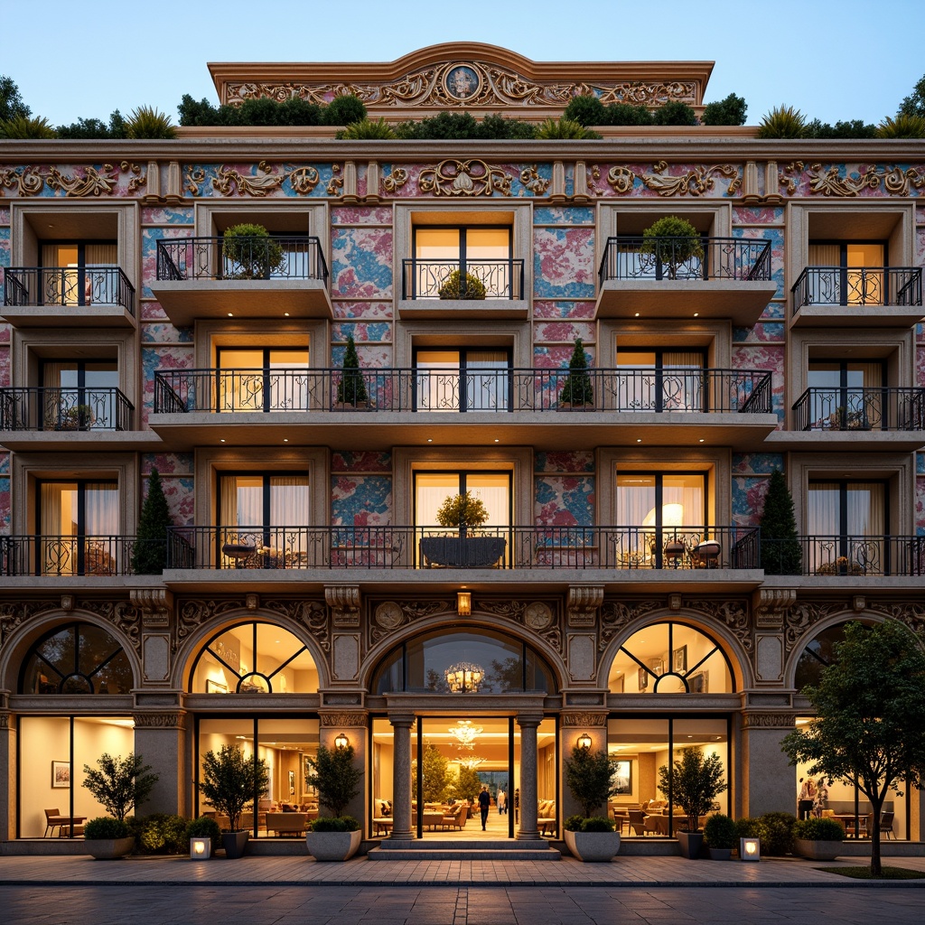 Prompt: Ornate grand hotel, richly decorated facade, curved lines, ornamental details, gilded accents, dramatic archways, grand entrance, imposing columns, sculpted stone carvings, intricate moldings, lavish balconies, decorative ironwork, vibrant colorful frescoes, symmetrical composition, soft warm lighting, shallow depth of field, 3/4 composition, panoramic view, realistic textures, ambient occlusion.