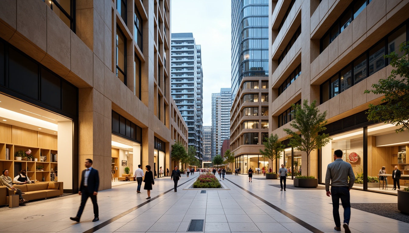 Prompt: Urban commercial district, sleek glass skyscrapers, metallic accents, neutral beige tones, rich wood textures, polished marble floors, vibrant LED signage, modern minimalist aesthetic, open floor plans, collaborative workspaces, natural light pouring in, warm ambient lighting, shallow depth of field, 2/3 composition, realistic reflections, soft focus background.