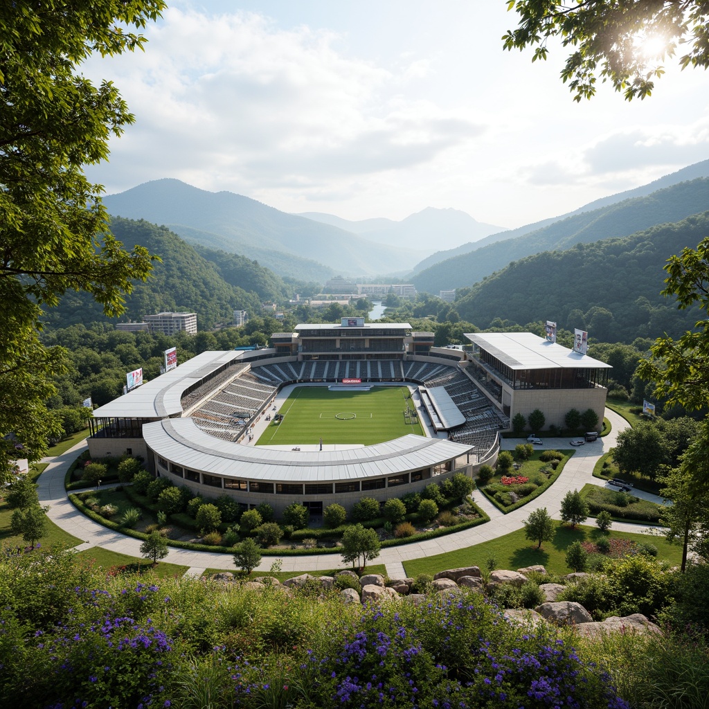 Prompt: Panoramic stadium views, lush green hillsides, natural stone seating areas, integrated landscaping, vibrant flower arrangements, curved walkways, modern sports facilities, sleek metal roofing, transparent glass facades, dynamic lighting systems, shallow depth of field, 3/4 composition, realistic textures, ambient occlusion, sunny day, soft warm lighting, misty atmosphere, mountainous backdrop, rolling hills, verdant surroundings, eco-friendly architecture, sustainable design solutions, renewable energy systems, green roofs, rainwater harvesting systems, innovative irrigation technologies.