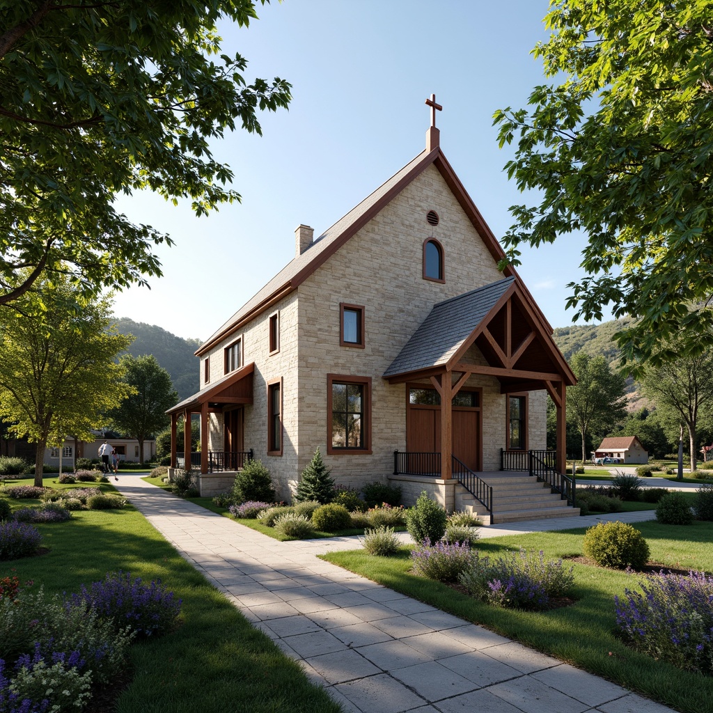 Prompt: Rustic suburban church, natural stone fa\u00e7ade, wooden accents, stained glass windows, vaulted ceilings, serene atmosphere, lush green surroundings, mature trees, rolling hills, peaceful countryside, warm sunlight, soft shadows, 3/4 composition, symmetrical architecture, grand entrance, ornate details, subtle textures, ambient occlusion.Please let me know if this meets your requirements!