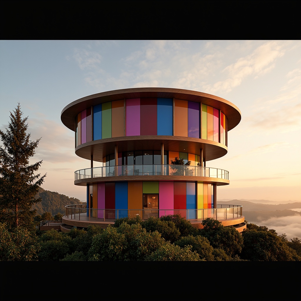 Prompt: Vibrant watching tower, bold color blocking, contrasting hues, warm golden lighting, rich wood textures, sleek metal accents, modern minimalist design, circular architecture, 360-degree panoramic views, dramatic shadow play, high-contrast value structure, analogous color harmony, triadic color scheme, atmospheric perspective, misty morning fog, soft diffused sunlight, realistic ambient occlusion.