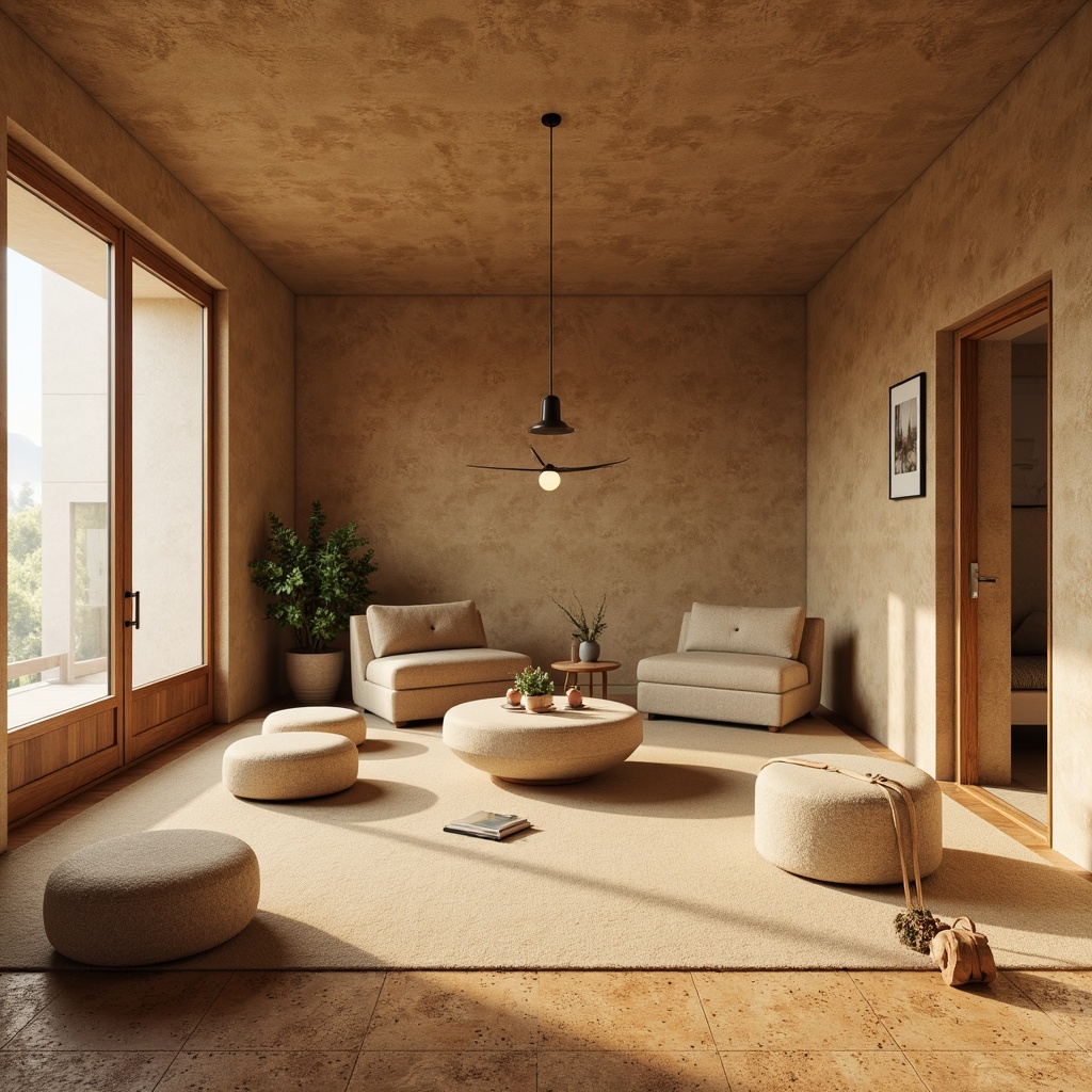 Prompt: Minimalist interior, cork flooring, natural textures, earthy tones, simple furniture, clean lines, monochromatic color scheme, soft warm lighting, shallow depth of field, 1/1 composition, realistic rendering, subtle grain details, cozy atmosphere, peaceful ambiance, organic materials, eco-friendly design, sustainable living.