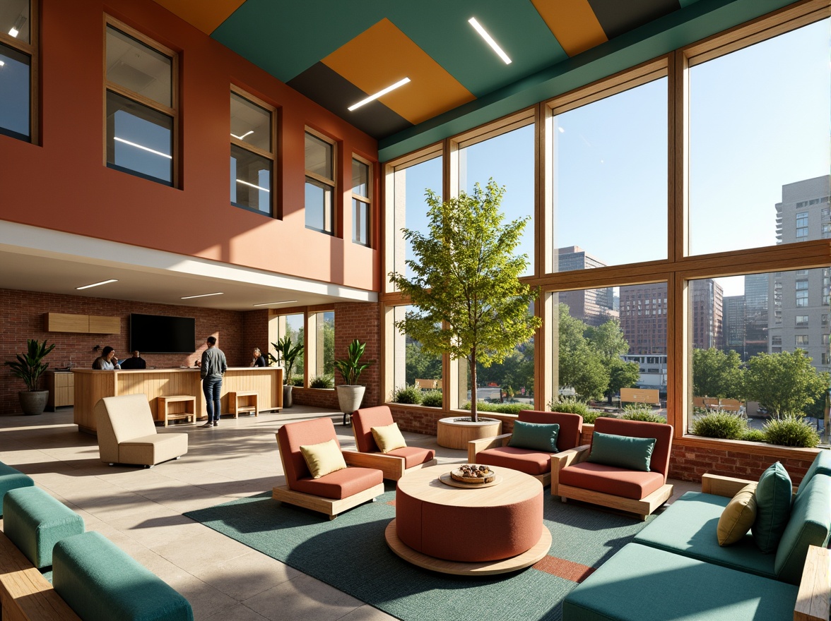 Prompt: Vibrant community center, eclectic color scheme, warm earthy tones, rich turquoise accents, creamy whites, natural wood textures, exposed brick walls, modern minimalist lines, geometric patterns, dynamic lighting fixtures, cozy gathering spaces, plush furniture, lush green roofs, urban cityscape views, sunny afternoon light, shallow depth of field, 1/2 composition, cinematic atmosphere, realistic materials, ambient occlusion.