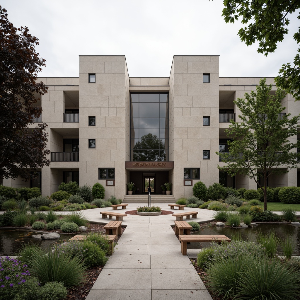 Prompt: Solemn memorial center, dignified architecture, natural stone fa\u00e7ade, weathered bronze accents, reverent landscaping, lush greenery, serene water features, peaceful ambiance, subtle lighting, muted color scheme, earthy tones, wooden benches, commemorative plaques, historic significance, respectful atmosphere, somber mood, overcast sky, soft focus, shallow depth of field, 1/1 composition.