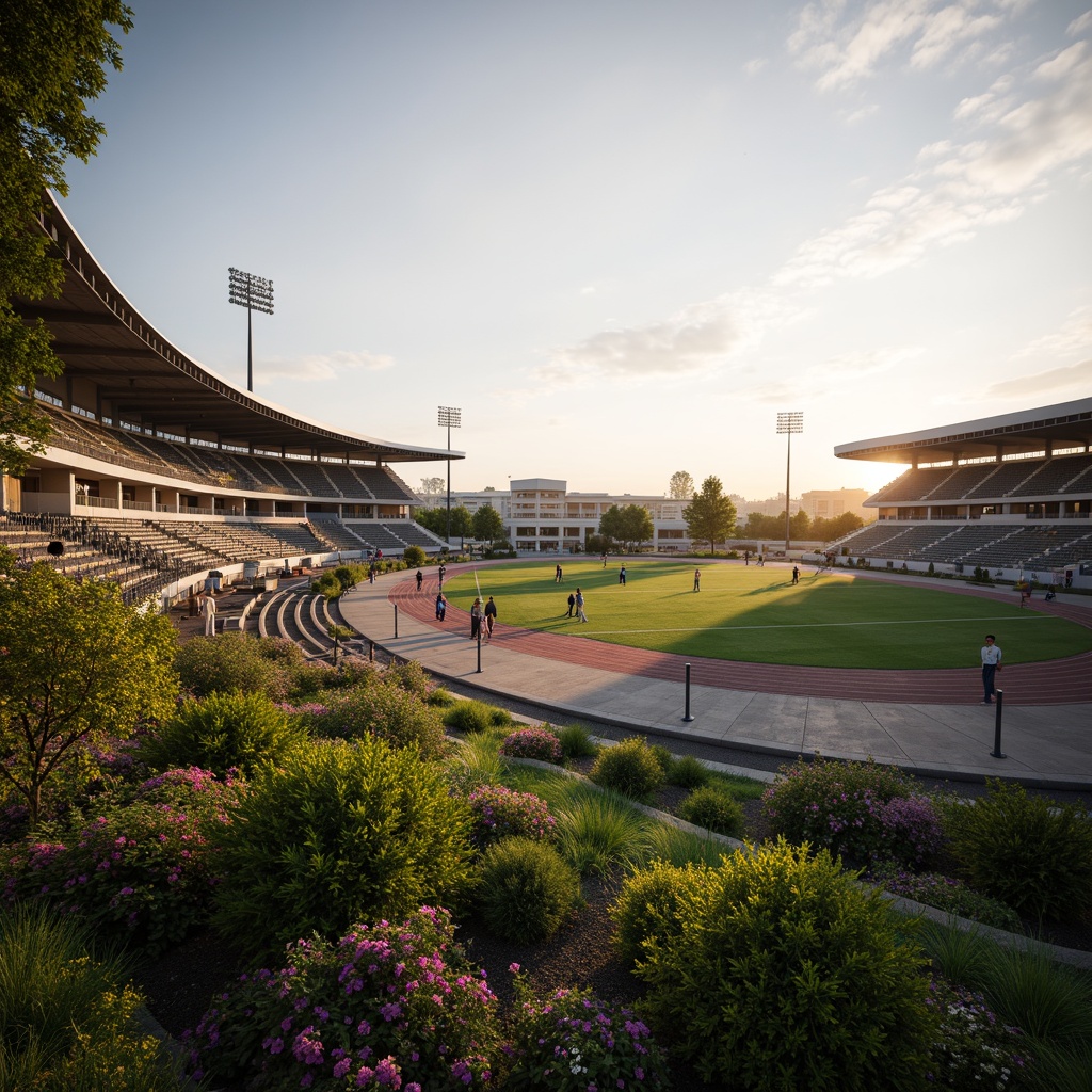 Prompt: Panoramic stadium views, lush greenery integration, natural slopes, tiered seating areas, vibrant flower arrangements, water feature elements, curved walkways, modern architecture, large cantilevered roofs, LED lighting systems, sunset ambiance, warm golden hour lighting, shallow depth of field, 3/4 composition, realistic textures, ambient occlusion, grand entrance gates, commemorative monuments, athletic track surfaces, sports equipment facilities, VIP lounges, premium seating areas, retractable roofs, open-air concourses.