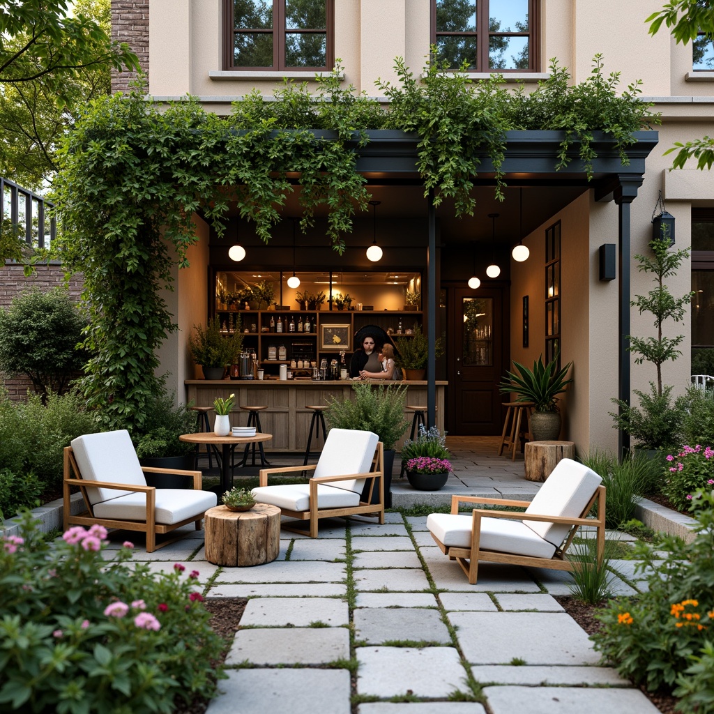 Prompt: Cozy coffee shop exterior, lush greenery, vibrant flowers, natural stone pathways, reclaimed wood accents, modern outdoor furniture, comfortable seating areas, warm string lighting, rustic metal decor, earthy color palette, inviting entranceways, aromatic herb gardens, soft background music, shallow depth of field, 1/2 composition, realistic textures, ambient occlusion.