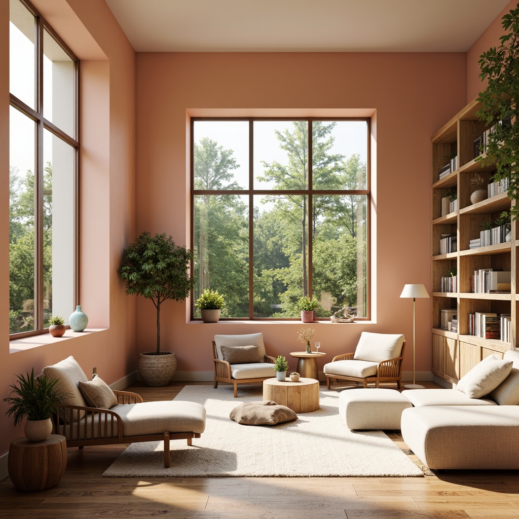 Prompt: Warm peach tones, soft pastel hues, creamy whites, rich wood accents, natural textiles, earthy ceramics, minimalist decor, Scandinavian-inspired furniture, cozy reading nooks, floor-to-ceiling windows, abundant greenery, sunny afternoon light, shallow depth of field, 2/3 composition, realistic renderings, ambient occlusion.