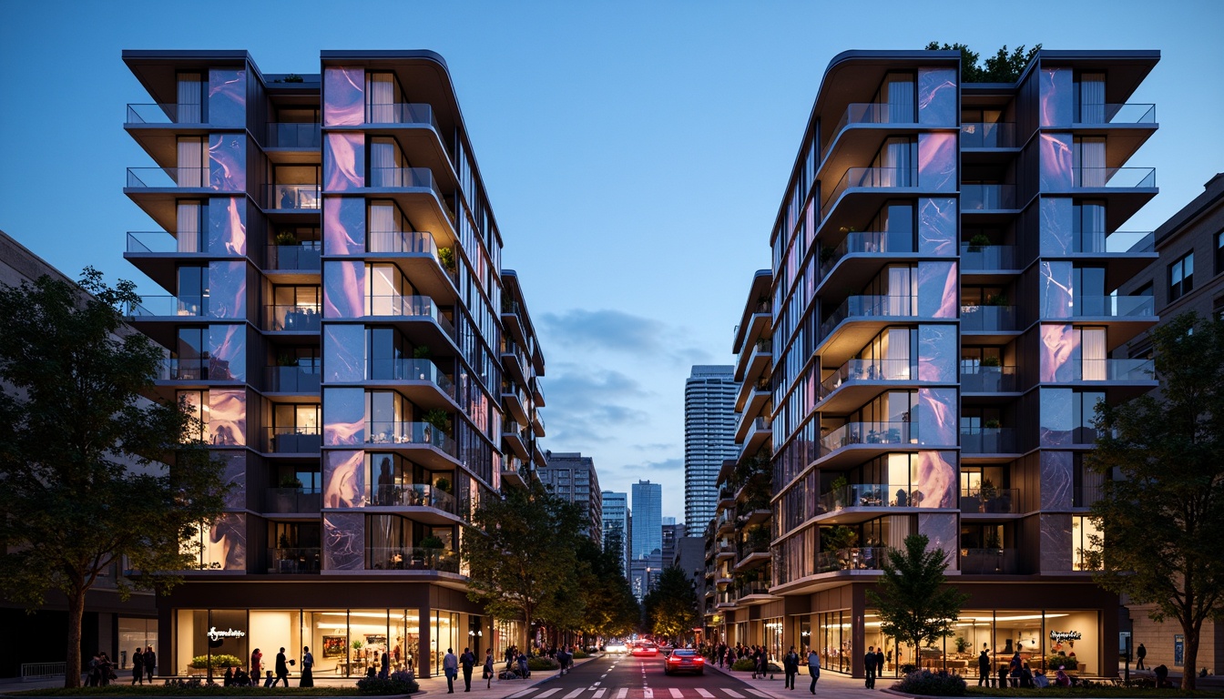 Prompt: Futuristic apartment building, experimental facade design, iridescent glass panels, LED light installations, sleek metal frames, minimalist balconies, cantilevered structures, angular rooflines, modern urban landscape, busy city streets, neon lights at dusk, shallow depth of field, 1/2 composition, panoramic view, realistic materials, ambient occlusion, urban jungle atmosphere, edgy industrial textures, avant-garde architectural elements.