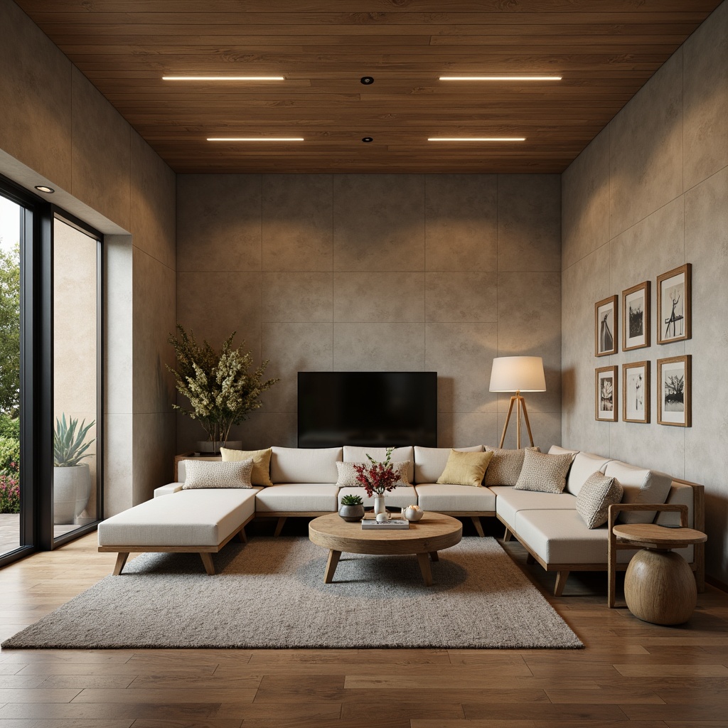 Prompt: Modern living room, sound-absorbing materials, acoustic panels, minimalist decor, comfortable seating, wooden flooring, soft warm lighting, 1/1 composition, shallow depth of field, realistic textures, ambient occlusion, cozy atmosphere, private space, noise reduction technology, audio equipment integration, hidden speakers, subtle color palette, natural textiles, geometric patterns, calm ambiance.