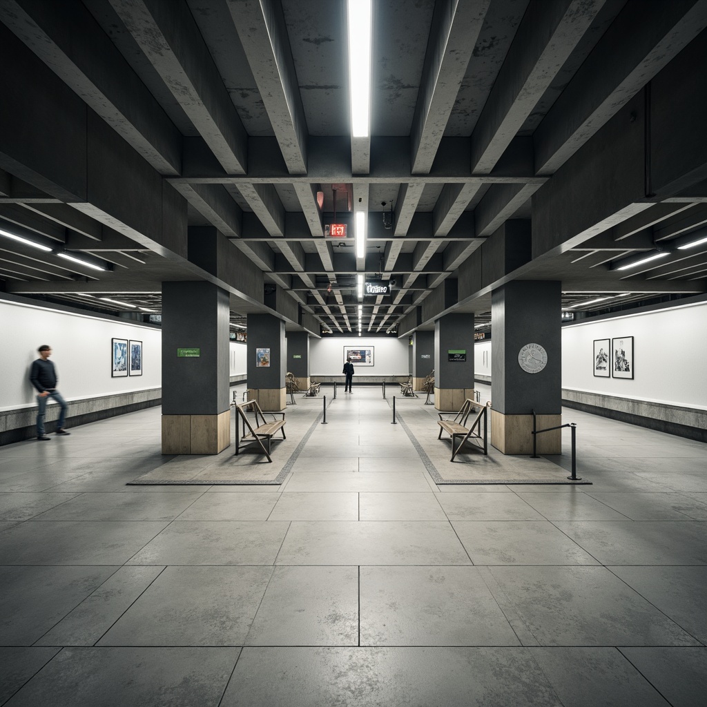 Prompt: Minimalist metro station interior, sleek concrete floors, industrial metal beams, simple white walls, modern LED lighting, minimalist signage, sparse seating areas, stainless steel handrails, geometric-shaped pillars, open circulation spaces, natural stone accents, subtle color schemes, calm ambiance, soft diffused lighting, shallow depth of field, 1/2 composition, atmospheric misting effects, realistic reflections.