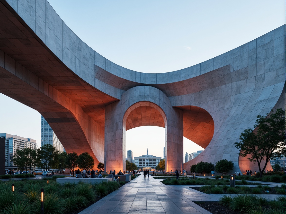 Prompt: Monumental memorial center, abstract sculptural forms, undulating curves, angular geometries, dynamic volumes, cantilevered structures, asymmetrical compositions, bold color schemes, textured concrete surfaces, reflective metal cladding, natural stone accents, dramatic light installations, ethereal ambiance, shallow depth of field, 1/1 composition, panoramic view, realistic textures, ambient occlusion.