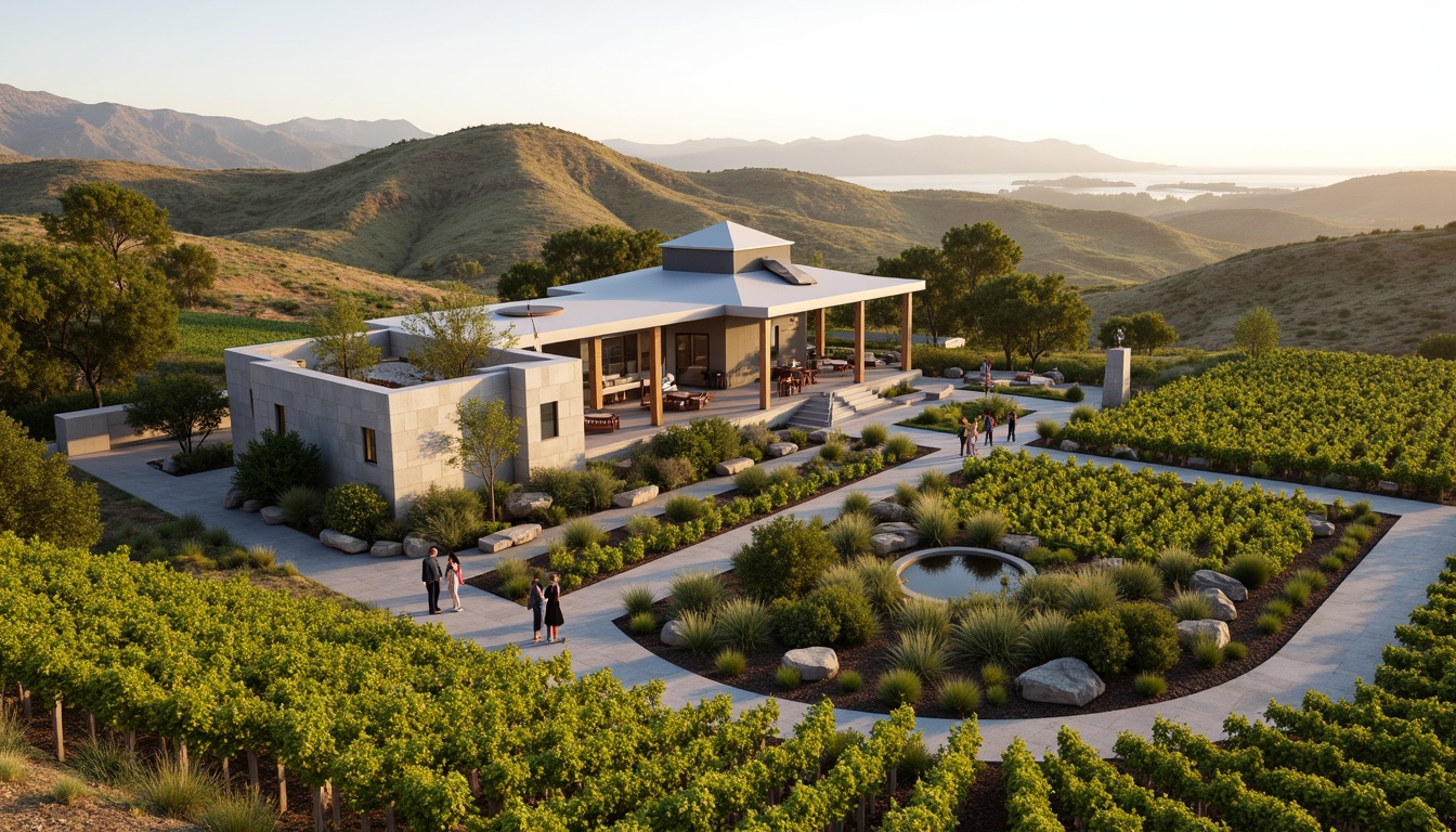 Prompt: Vineyard landscape, rolling hills, lush green vines, rustic stone walls, wooden trellises, modern minimalist winery building, sleek glass fa\u00e7ade, clean lines, simple forms, natural materials, earthy tones, warm lighting, soft focus, shallow depth of field, 3/4 composition, panoramic view, realistic textures, ambient occlusion, wine barrels, grape clusters, farm-to-table concept, organic farming practices, scenic overlooks, walking trails, outdoor seating areas, pergolas, water features, reflecting pools.