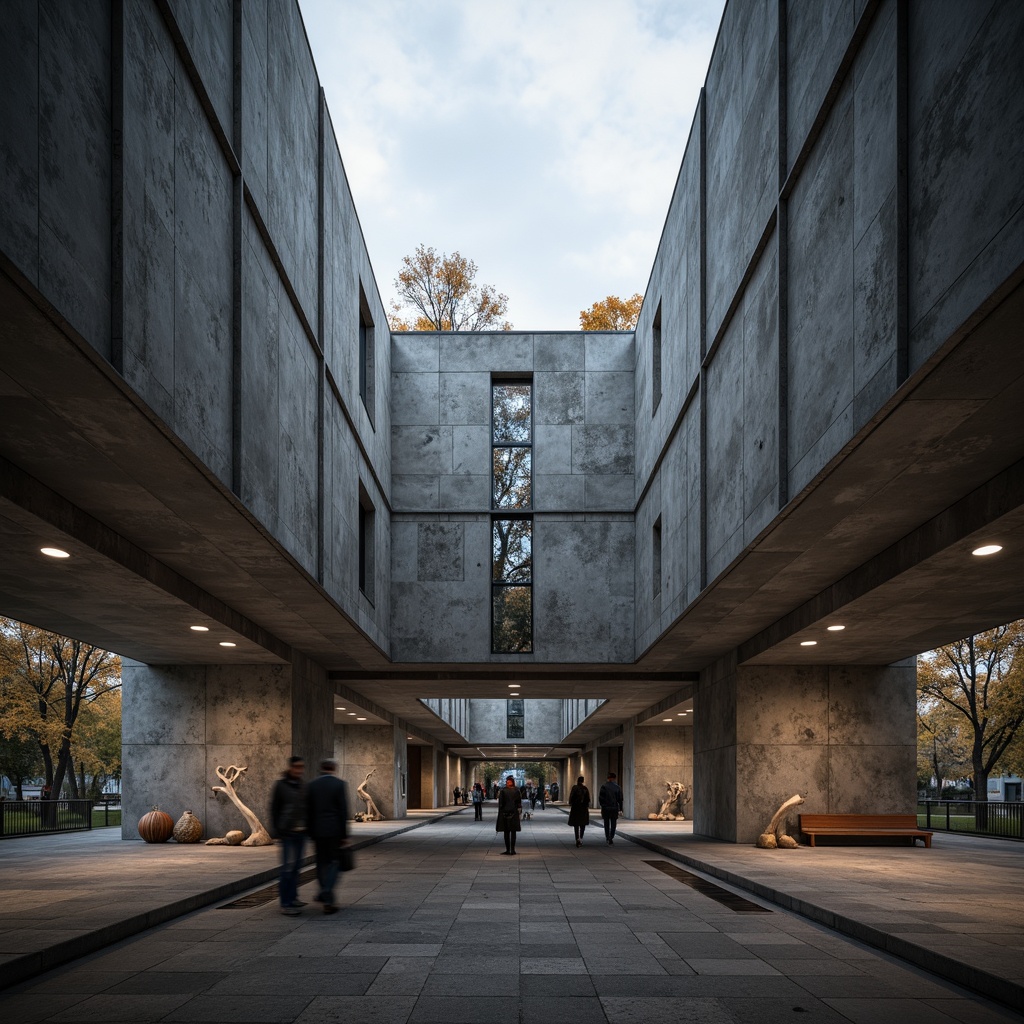 Prompt: Rugged memorial center, brutalist architecture, raw concrete fa\u00e7ade, industrial steel beams, minimalist ornamentation, bold typography, geometric shapes, functional simplicity, asymmetrical composition, dramatic lighting, moody shadows, weathered stone walls, abstract sculptures, solemn atmosphere, muted color palette, overcast skies, cinematic framing, high-contrast photography, stark textures, architectural honesty, functional minimalism.