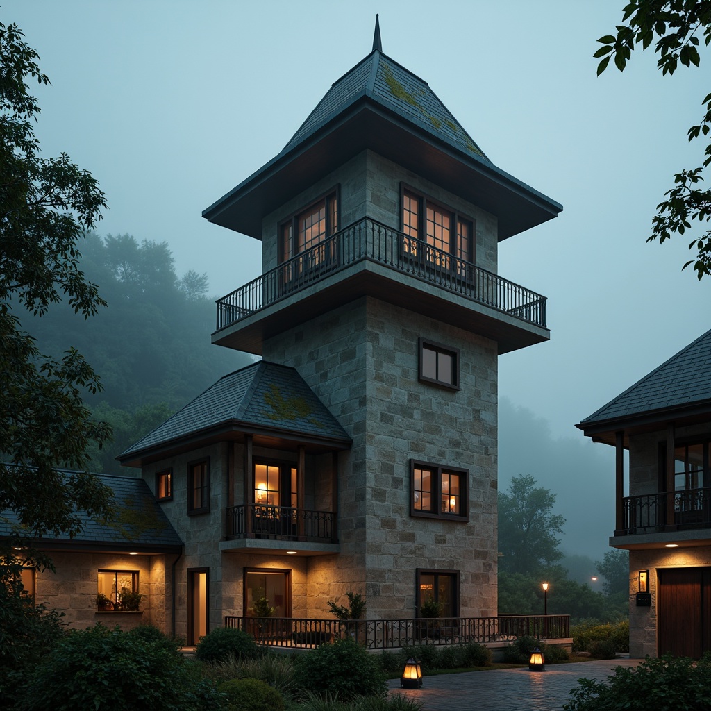 Prompt: Majestic watchtower, rustic stone walls, warm earthy tones, moss-covered roofs, wooden accents, ornate ironwork, mystical lanterns, dramatic lighting effects, misty atmospheric conditions, foggy mornings, cinematic close-ups, shallow depth of field, 1/2 composition, symmetrical framing, vibrant color grading, rich textures, ambient occlusion.