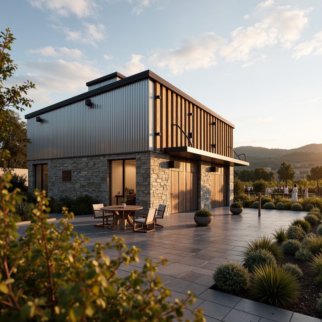 Prompt: Rustic winery exterior, minimalist design, natural stone walls, reclaimed wood accents, corrugated metal cladding, earthy tone color scheme, weathered wooden doors, industrial-style lighting fixtures, vineyard surroundings, rolling hills, sun-kissed landscape, warm afternoon light, soft focus effect, shallow depth of field, 2/3 composition, cinematic perspective, realistic textures, ambient occlusion.